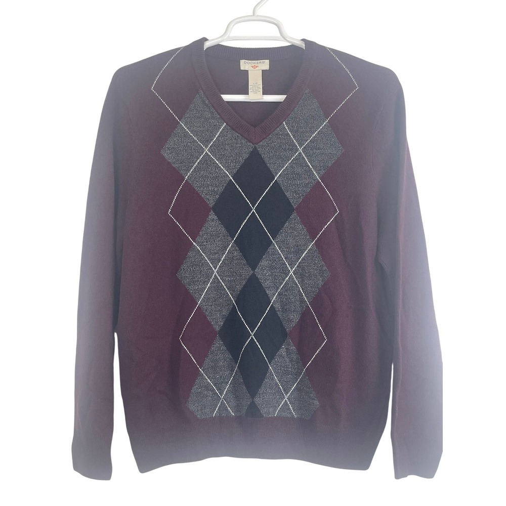00773 Dockers Mens Argyle V-Neck Sweater Purple Black Gray Acrylic Size‎ L